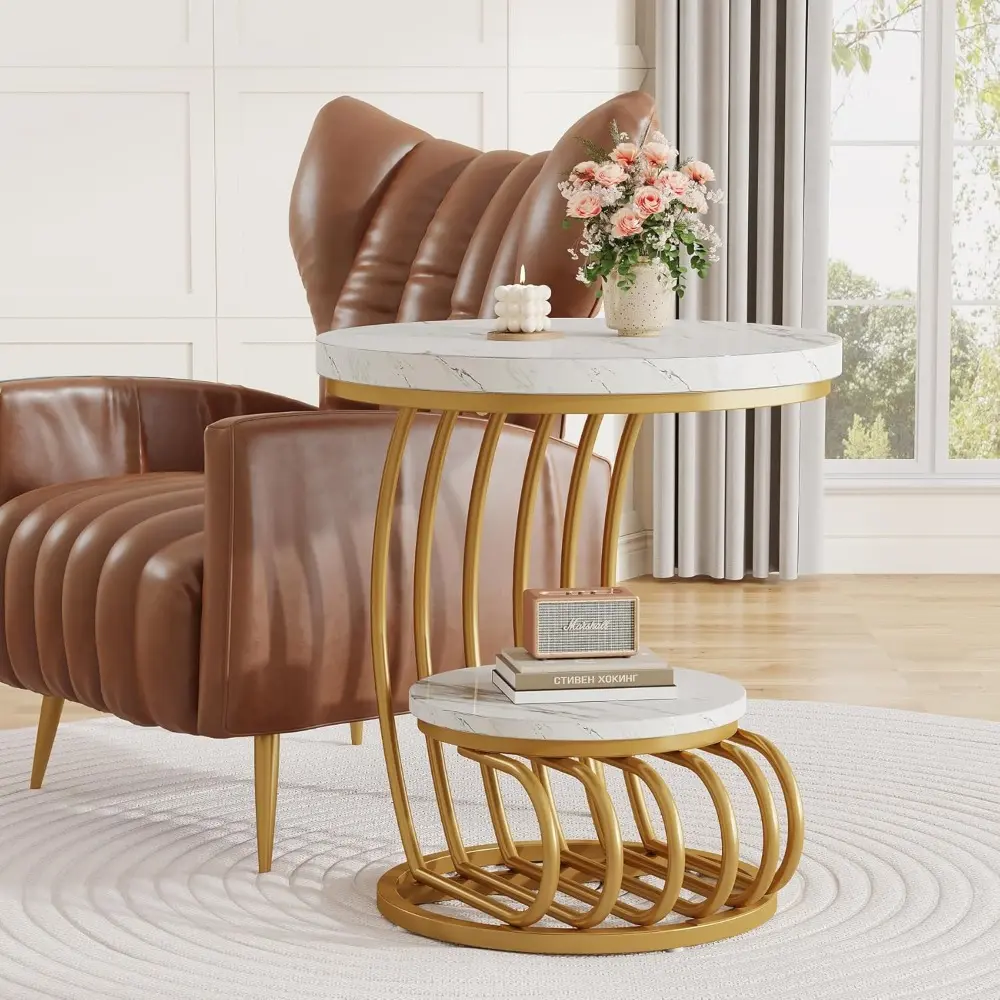 Gold Round End Table: 2 Tiers Side Table Set of 2 with Storage Shelf, Modern White Gold Bedside Nightstand, Metal Faux Marble A