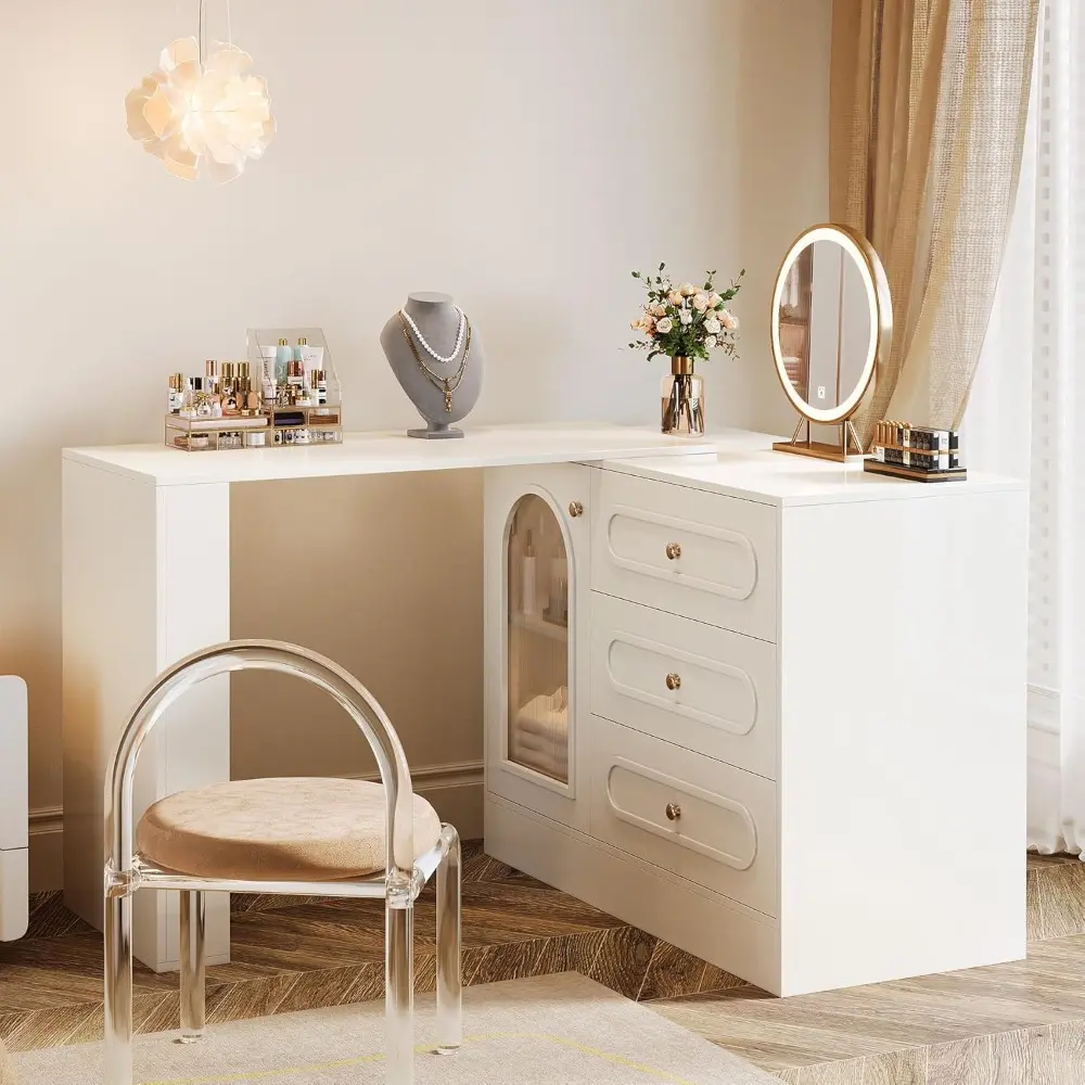 360° Rotatable Corner Vanity with 3 Drawers, Modern White Vanity Desk with Extendable Table, Wooden Makeup Desk with Reversible