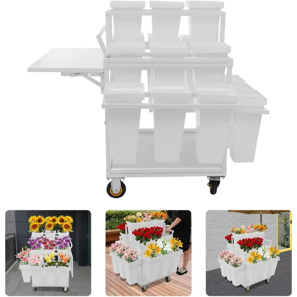 Flower Cart Plant Display Stand with 18 Buckets, Commercial Metal Plant Stand with Foldable Table and Wheels, Flower Shop Flower