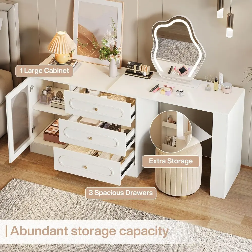 360° Rotatable Corner Vanity with 3 Drawers, Modern White Vanity Desk with Extendable Table, Wooden Makeup Desk with Reversible