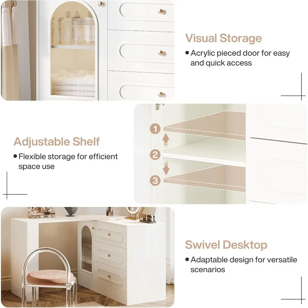 360° Rotatable Corner Vanity with 3 Drawers, Modern White Vanity Desk with Extendable Table, Wooden Makeup Desk with Reversible