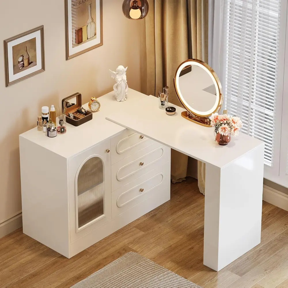 360° Rotatable Corner Vanity with 3 Drawers, Modern White Vanity Desk with Extendable Table, Wooden Makeup Desk with Reversible
