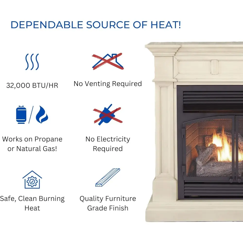Dual Fuel Ventless Gas Fireplace System with Mantle, Remote Control, 6 Fire Logs, Use with Natural Gas or Liquid Propane, 32000