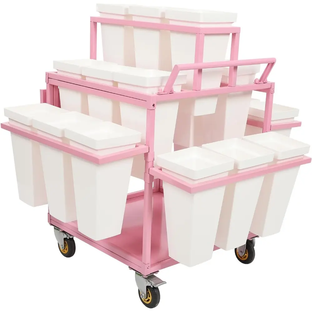 Metal Garden Cart Plant Stand with 18Pcs Buckets and Parasol, Slide Out Rolling Flower Display Rack Pink Flower Cart Display Sta