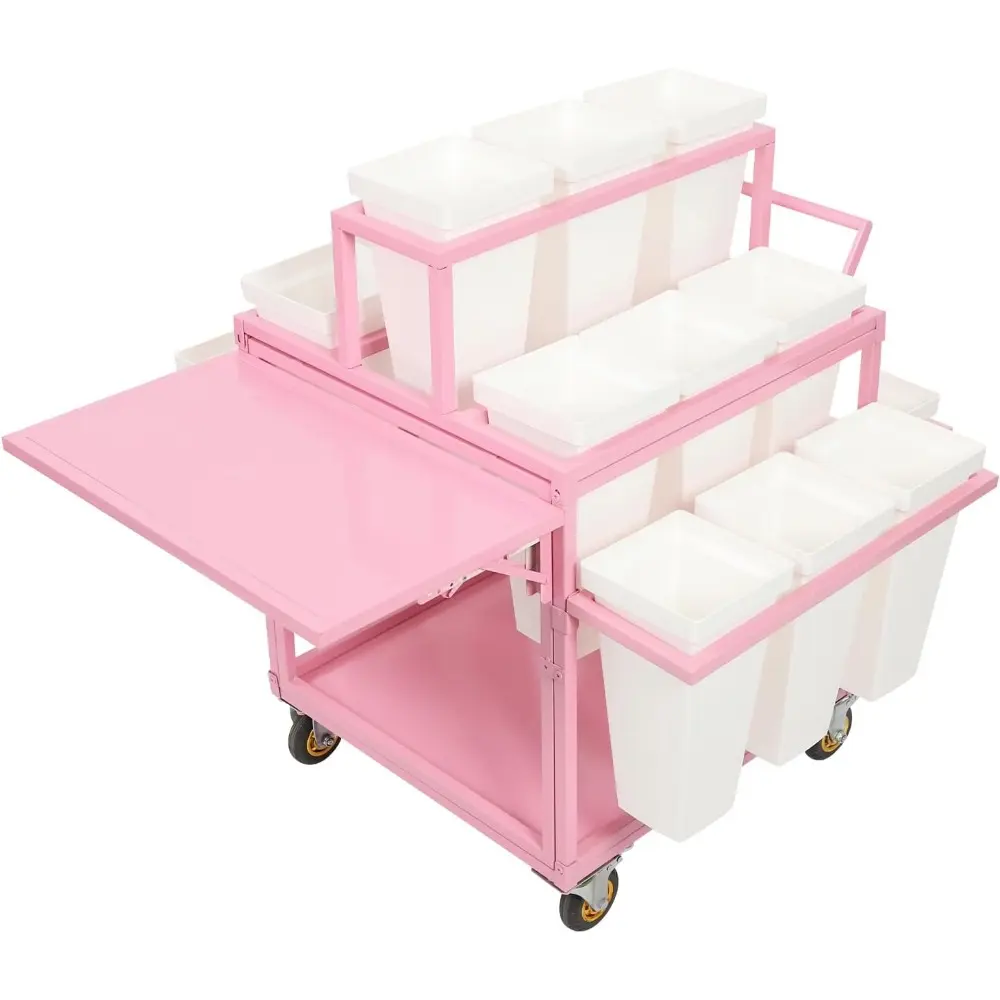 Metal Garden Cart Plant Stand with 18Pcs Buckets and Parasol, Slide Out Rolling Flower Display Rack Pink Flower Cart Display Sta