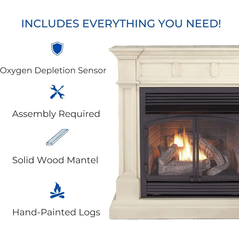 Dual Fuel Ventless Gas Fireplace System with Mantle, Remote Control, 6 Fire Logs, Use with Natural Gas or Liquid Propane, 32000