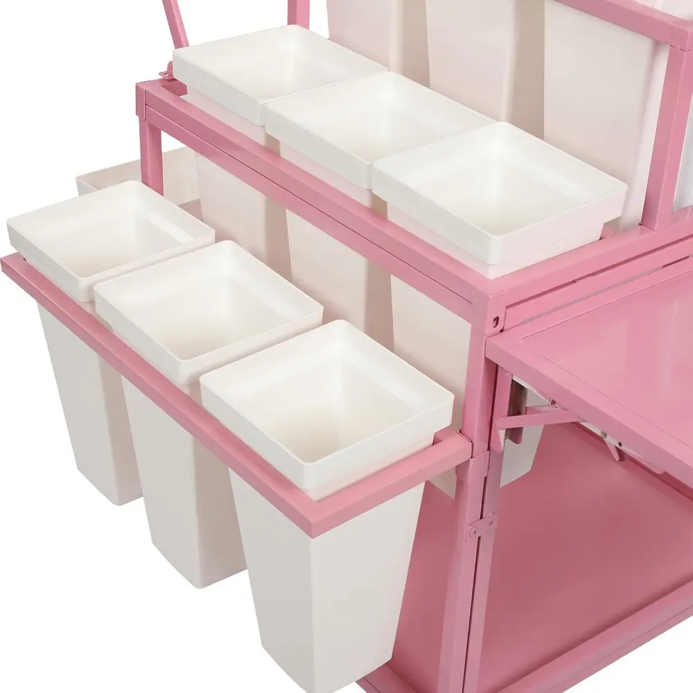 Metal Garden Cart Plant Stand with 18Pcs Buckets and Parasol, Slide Out Rolling Flower Display Rack Pink Flower Cart Display Sta