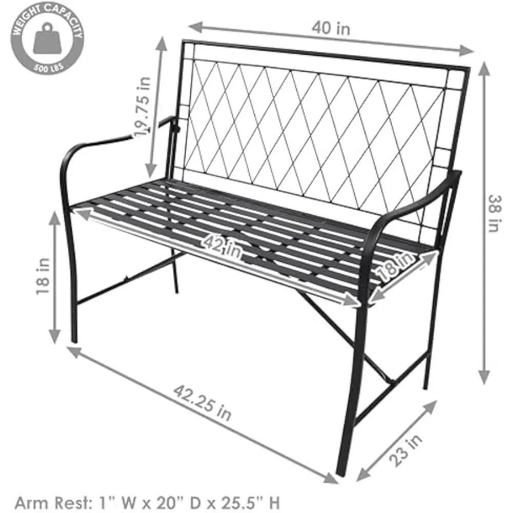 Sunnydaze 2-Person Outdoor Garden Bench - Argyle Diamond Iron Patio Bench - Black - 42.25" W