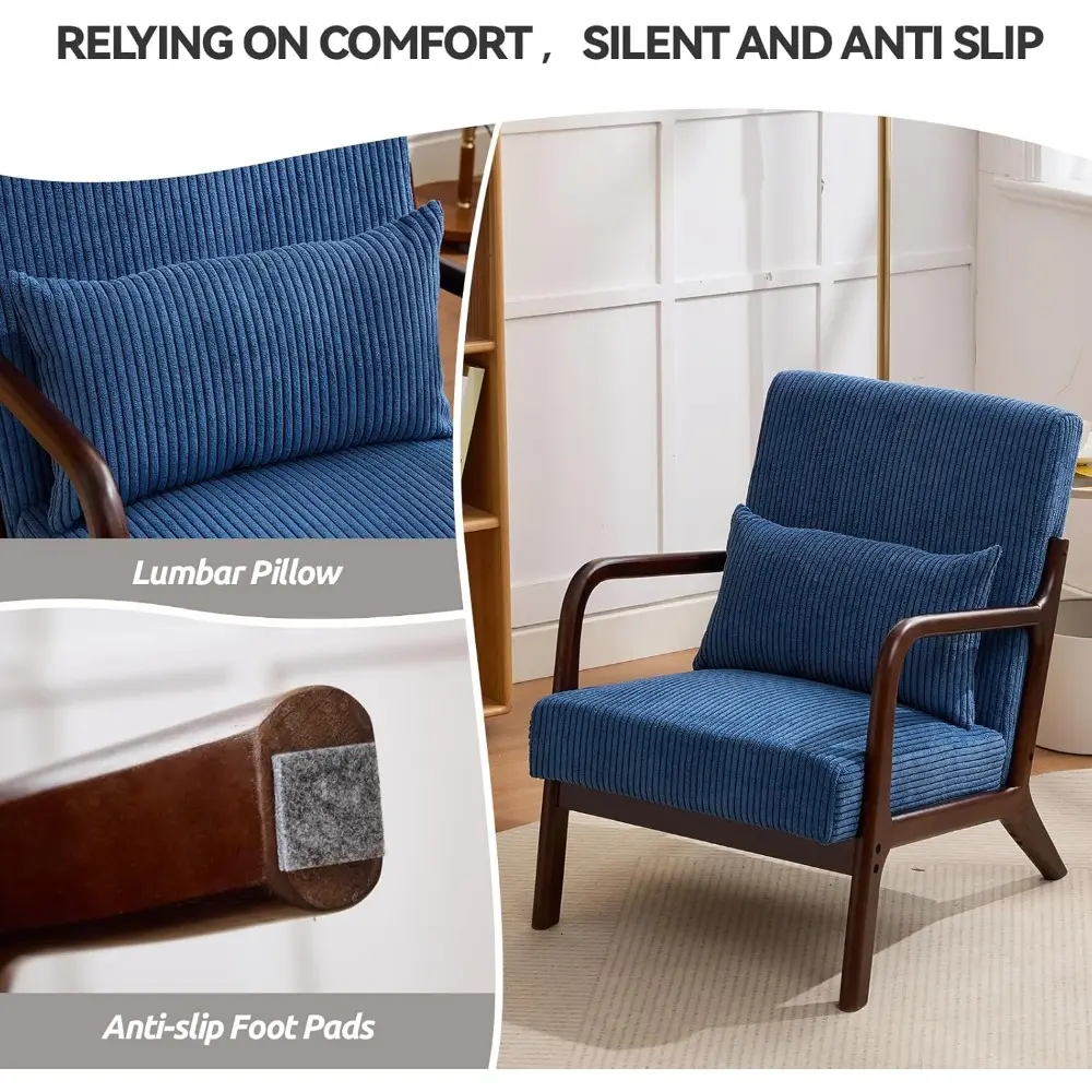 Mid Century Modern Corduroy Accent Chair, Living Room Chairs with Lumbar Pillow Boho Arm Chiar Reading Chair with Solid Wood Fra