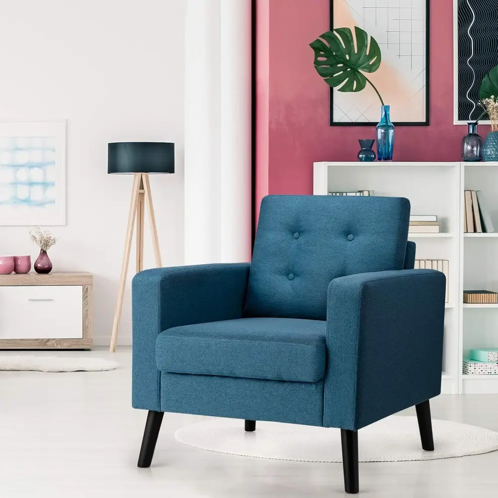 Modern Accent Chair, Mid Century Armchair W/Rubber Wood Legs, Linen Single Sofa W/Fabric Cushion, Upholstered Arm Chair for Liv