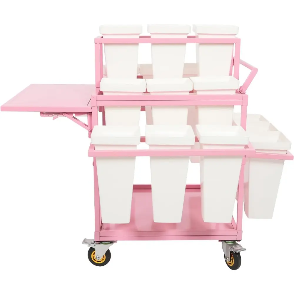 Metal Garden Cart Plant Stand with 18Pcs Buckets and Parasol, Slide Out Rolling Flower Display Rack Pink Flower Cart Display Sta