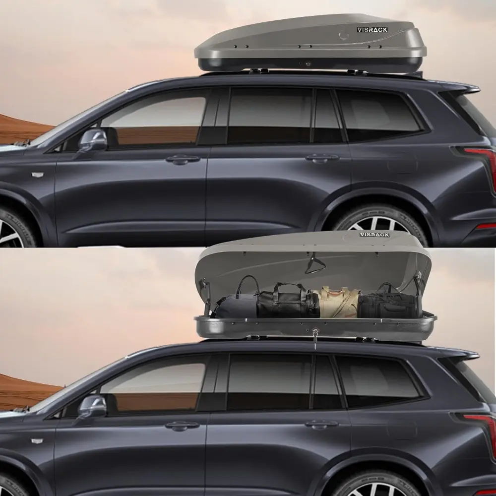 Hard Shell Roof Cargo Box, 13 Cu.Ft Gray Car Roof Top Cargo Carrier with Lock, Dual-Side Opening Luggage Storage Box, 56"x30"x13