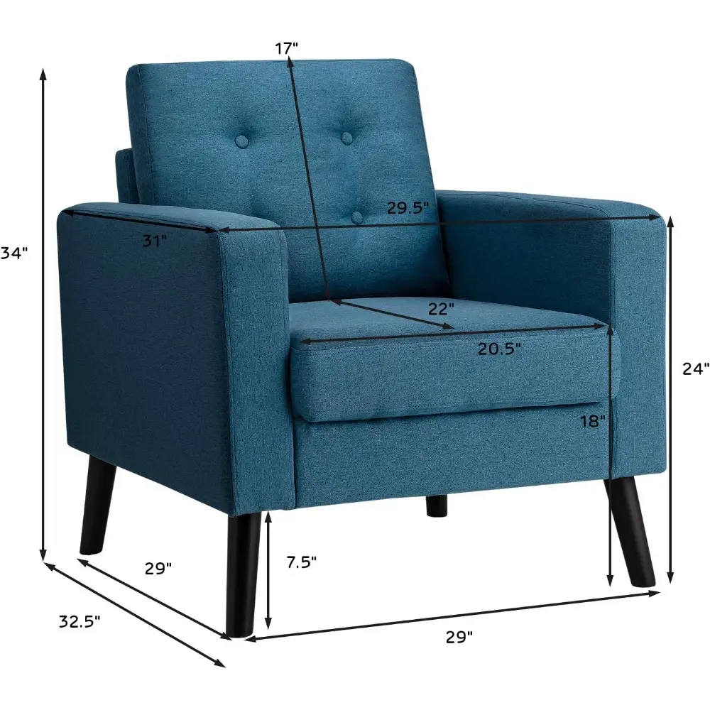 Modern Accent Chair, Mid Century Armchair W/Rubber Wood Legs, Linen Single Sofa W/Fabric Cushion, Upholstered Arm Chair for Liv