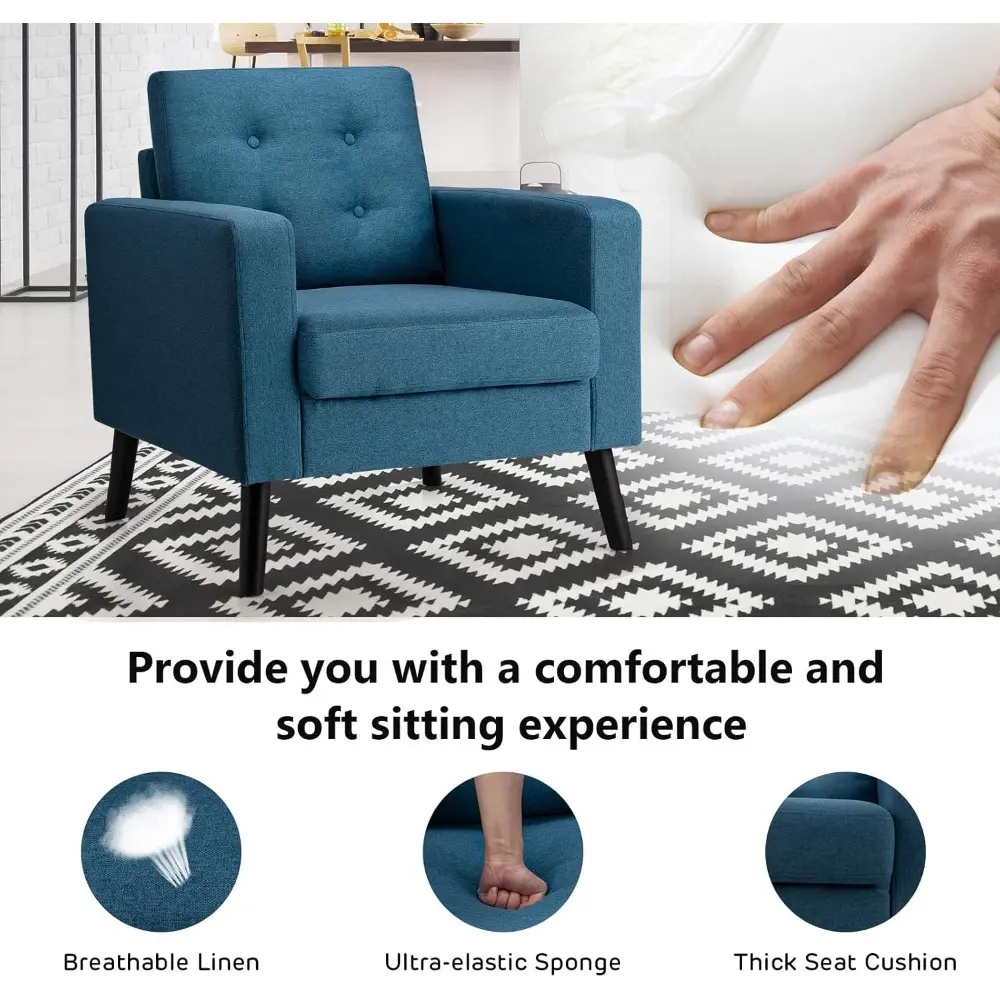 Modern Accent Chair, Mid Century Armchair W/Rubber Wood Legs, Linen Single Sofa W/Fabric Cushion, Upholstered Arm Chair for Liv
