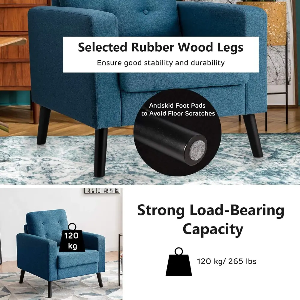 Modern Accent Chair, Mid Century Armchair W/Rubber Wood Legs, Linen Single Sofa W/Fabric Cushion, Upholstered Arm Chair for Liv