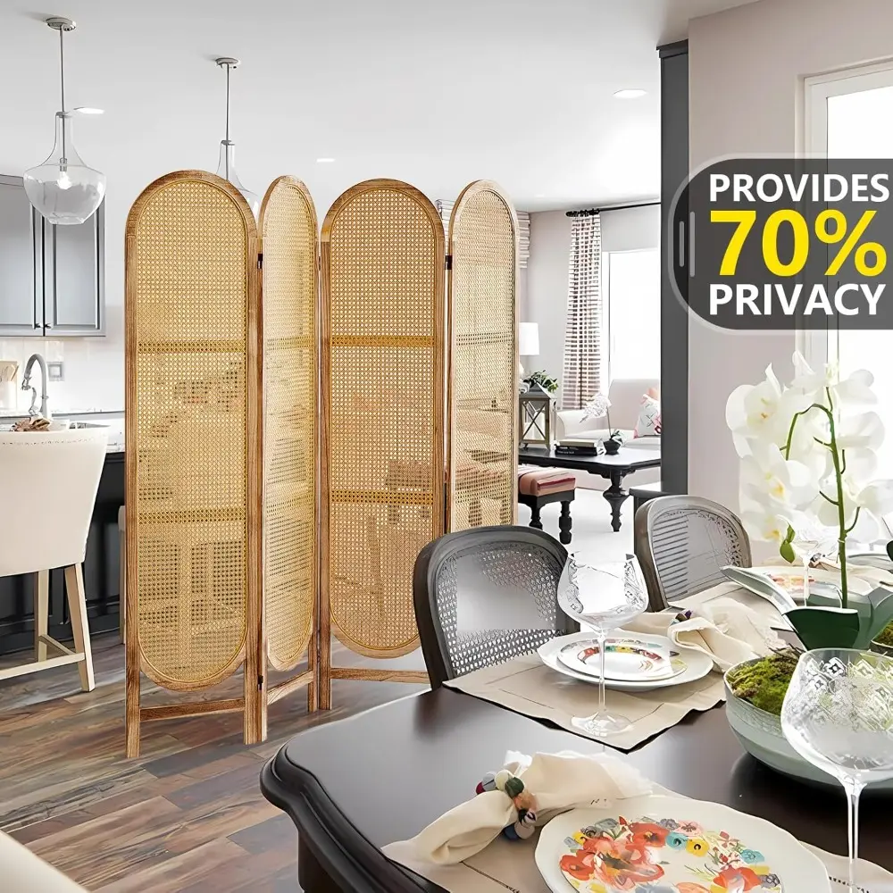 4 Panel Room Divider, 5.6 Ft Foldable Wood Room Divider Screen, Hand-Woven Rattan Folding Privacy Screens with Double Hinges, Wa