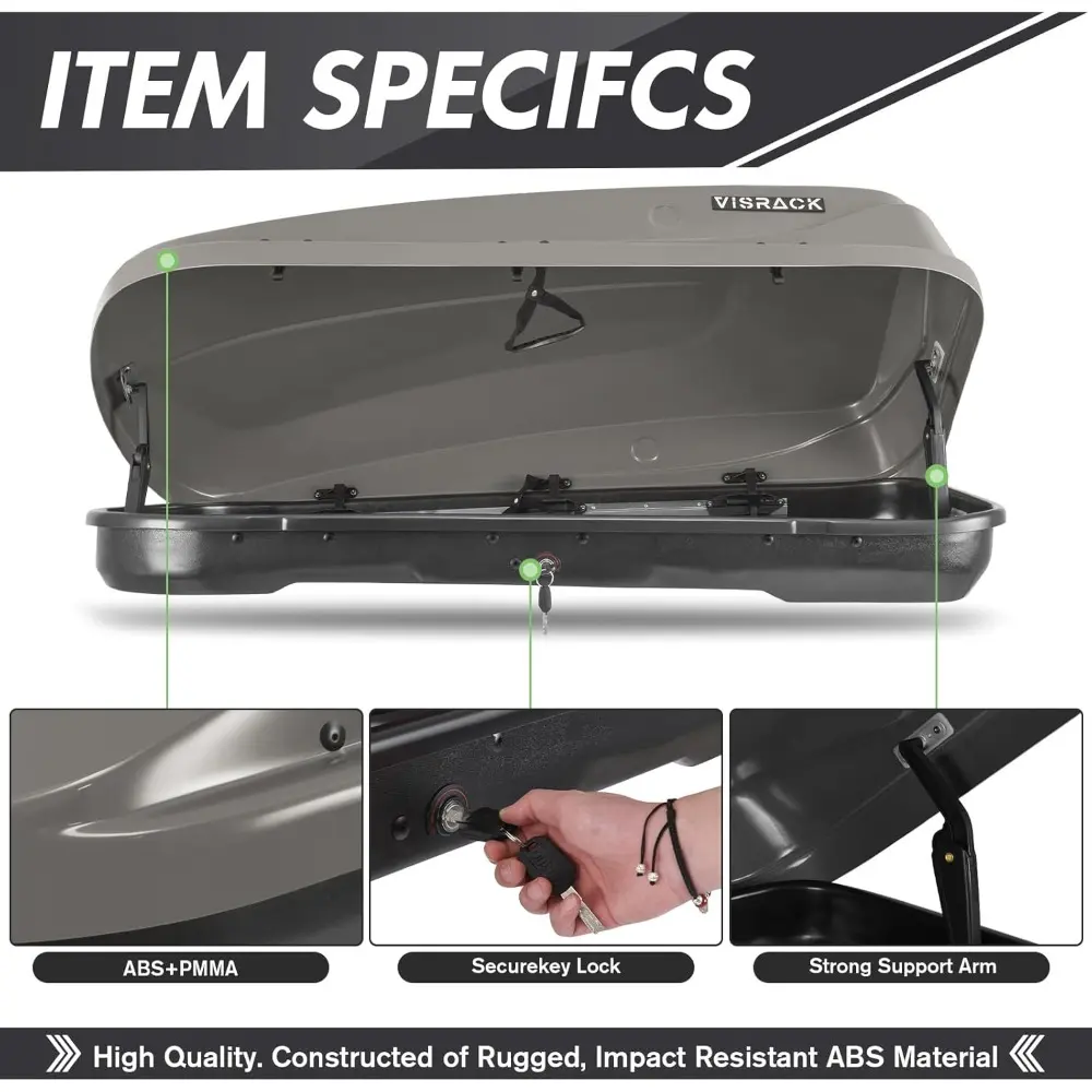 Hard Shell Roof Cargo Box, 13 Cu.Ft Gray Car Roof Top Cargo Carrier with Lock, Dual-Side Opening Luggage Storage Box, 56"x30"x13