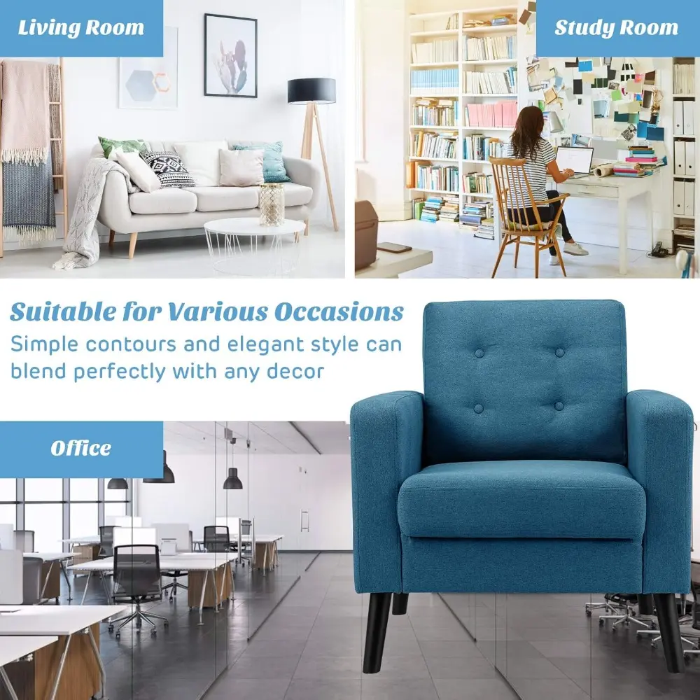Modern Accent Chair, Mid Century Armchair W/Rubber Wood Legs, Linen Single Sofa W/Fabric Cushion, Upholstered Arm Chair for Liv