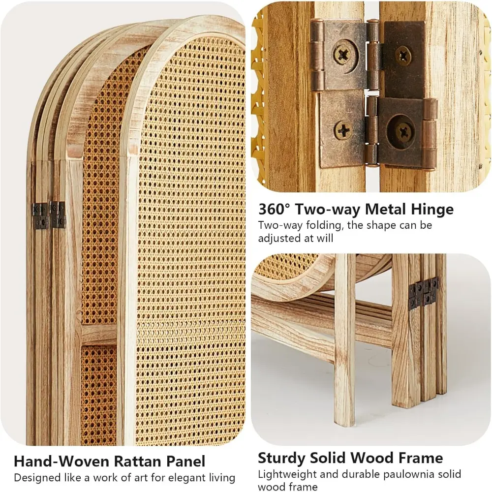 4 Panel Room Divider, 5.6 Ft Foldable Wood Room Divider Screen, Hand-Woven Rattan Folding Privacy Screens with Double Hinges, Wa