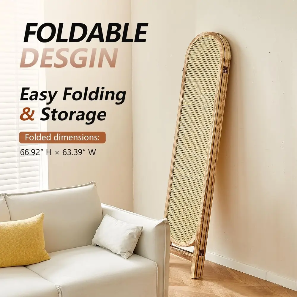 4 Panel Room Divider, 5.6 Ft Foldable Wood Room Divider Screen, Hand-Woven Rattan Folding Privacy Screens with Double Hinges, Wa