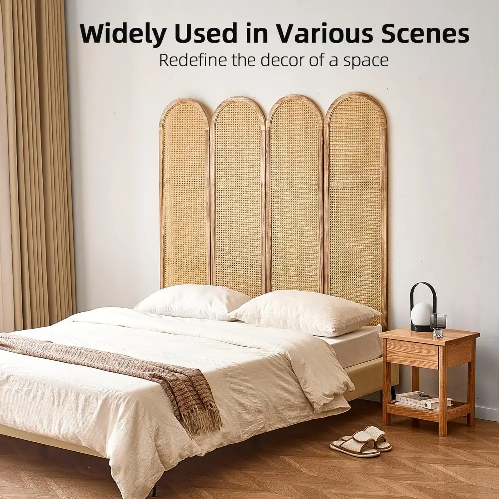 4 Panel Room Divider, 5.6 Ft Foldable Wood Room Divider Screen, Hand-Woven Rattan Folding Privacy Screens with Double Hinges, Wa