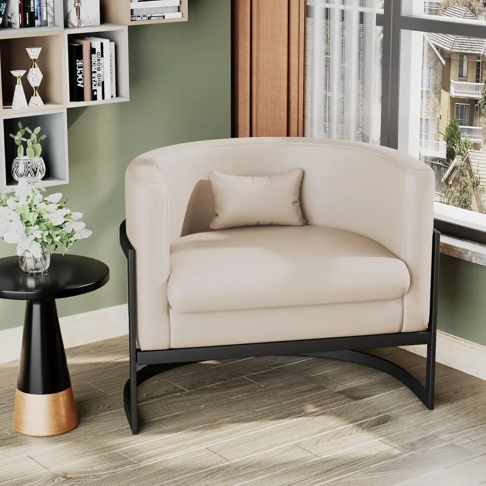 Faux Leather Accent Chair Modern Barrel Chair Upholstered Armchair for Living Room Bedroom Single Sofa Chair Club Chairs Beige