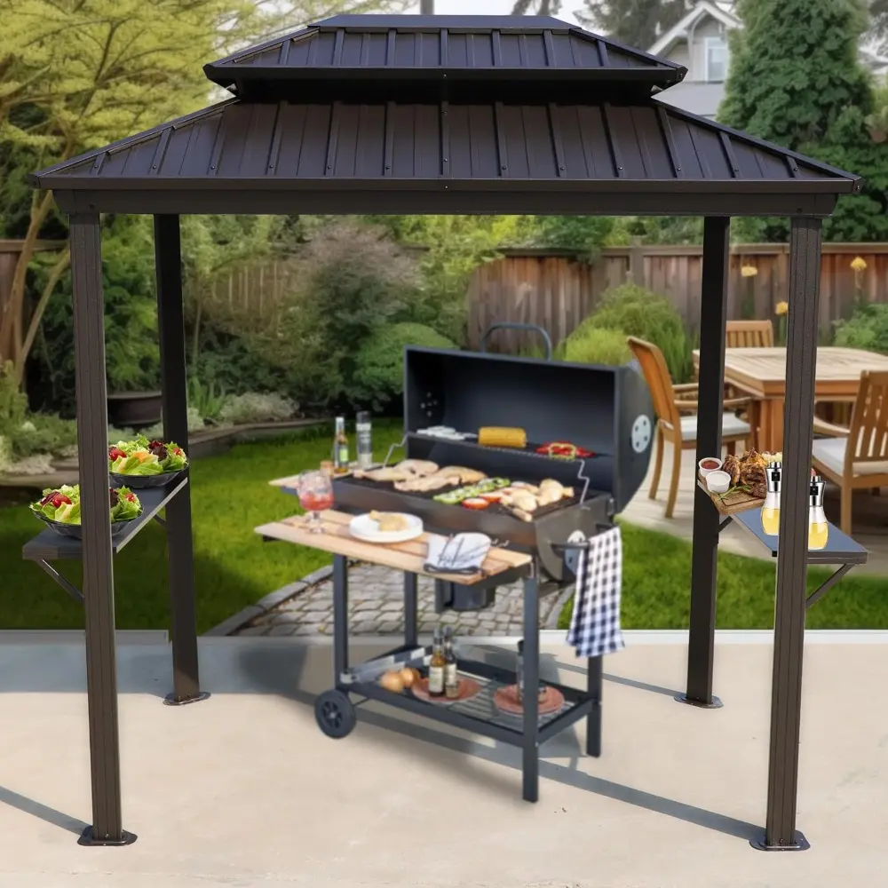 6’ x 8’ BBQ Hardtop Grill Gazebo, Outdoor Barbecue Gazebo with Double Galvanized Metal Roof, Aluminum BBQ Gazebo with 2 Side Sh