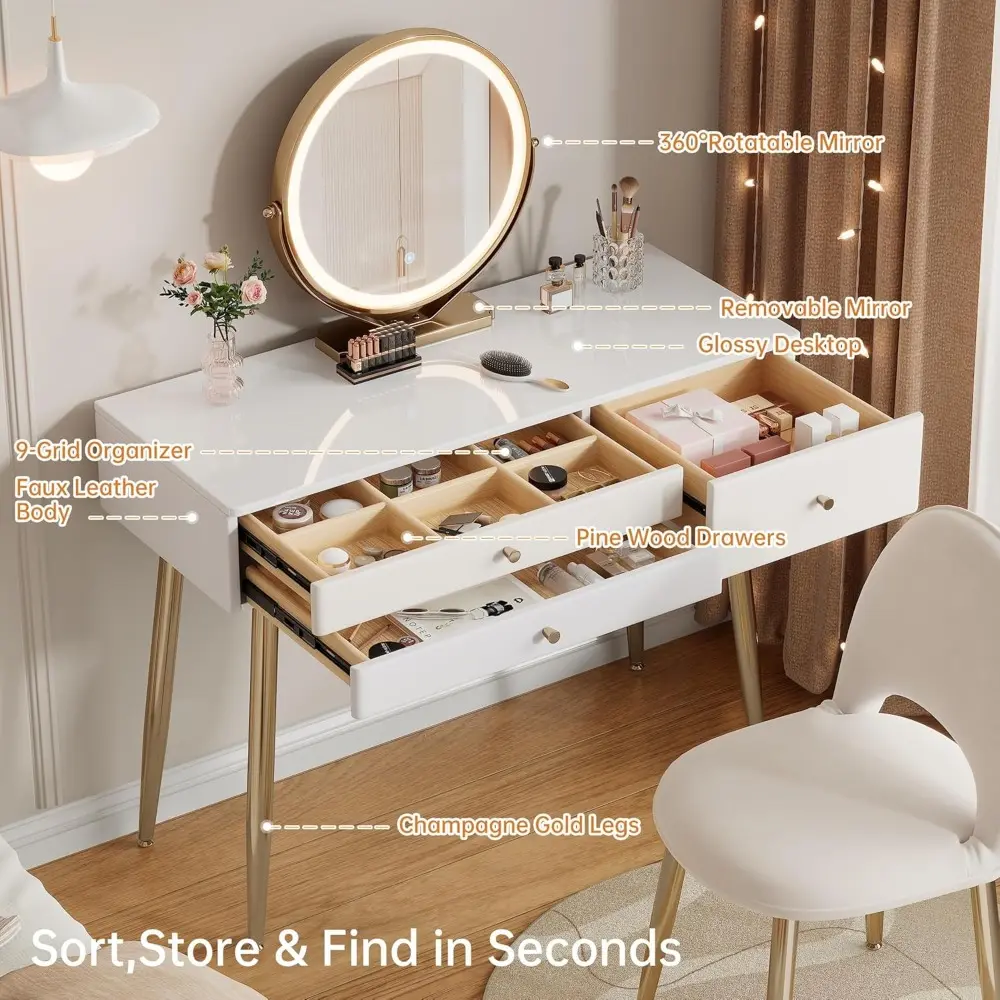 Vanity Desk with Mirror and Lights| 39" Beige Modern Makeup Vanity Set with Drawers & Adjustable Chair| White and Gold Dressing