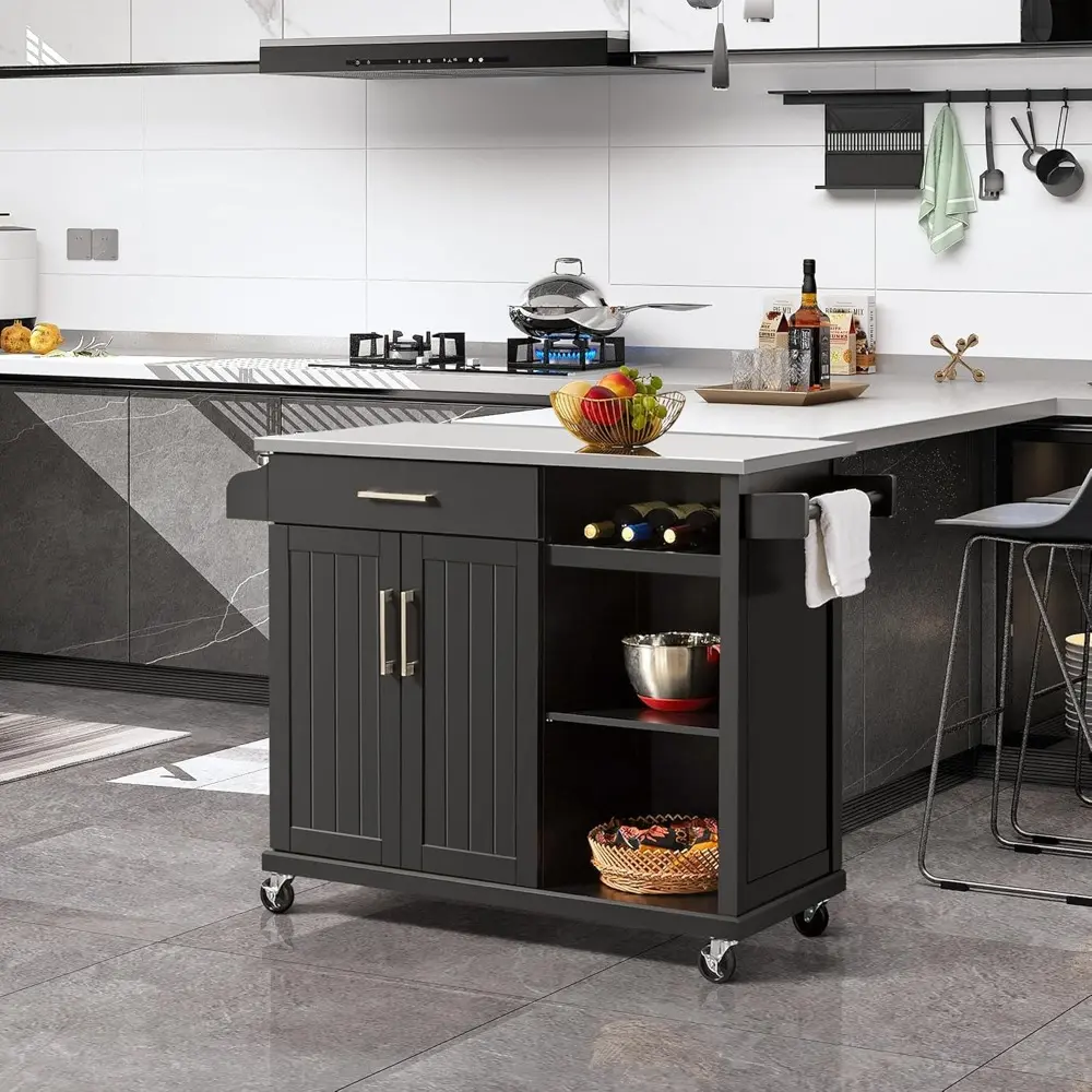 Kitchen Cart with Stainless Steel Top and Storage Cabinet, Kitchen Island on Wheels with Drawer & Open Shelves & Wine Rack & Sp