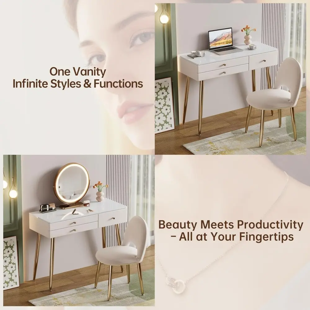 Vanity Desk with Mirror and Lights| 39" Beige Modern Makeup Vanity Set with Drawers & Adjustable Chair| White and Gold Dressing