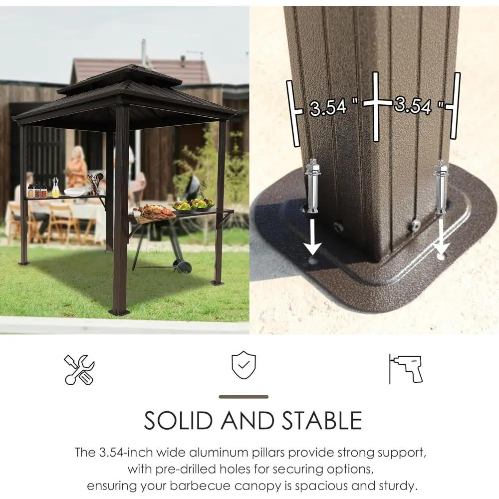 6’ x 8’ BBQ Hardtop Grill Gazebo, Outdoor Barbecue Gazebo with Double Galvanized Metal Roof, Aluminum BBQ Gazebo with 2 Side Sh