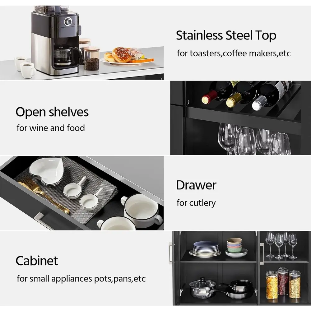 Kitchen Cart with Stainless Steel Top and Storage Cabinet, Kitchen Island on Wheels with Drawer & Open Shelves & Wine Rack & Sp