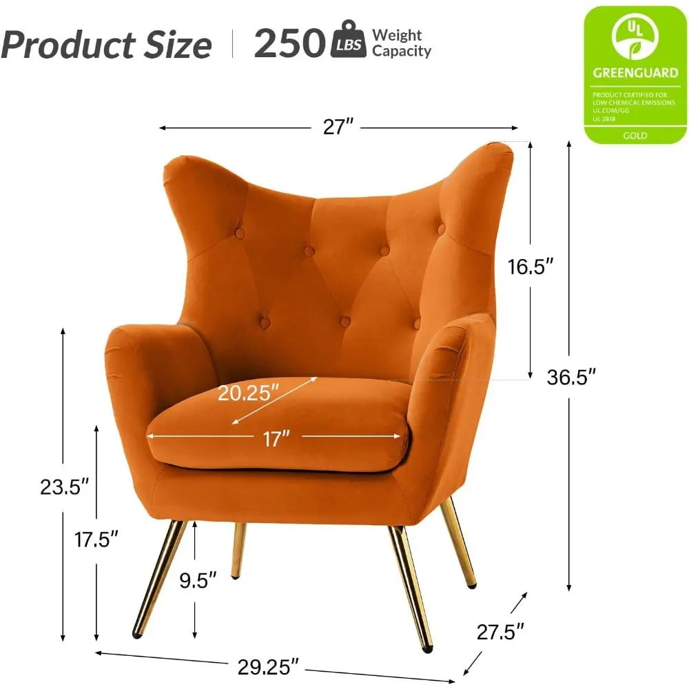 HULALA Home Velvet Accent Chair, Modern Wingback Arm Chair with Metal Gold Legs, Velvet Tufted Upholstered Single Sofa Chair for