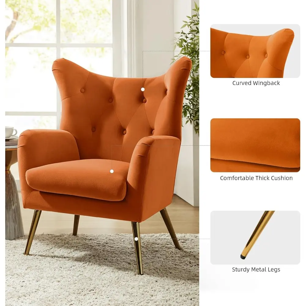 HULALA Home Velvet Accent Chair, Modern Wingback Arm Chair with Metal Gold Legs, Velvet Tufted Upholstered Single Sofa Chair for