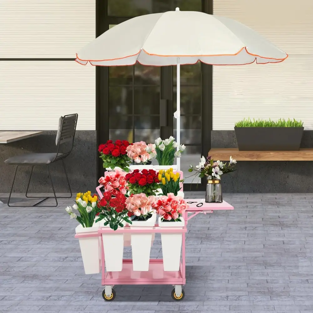 Flower Display Stand with 18 Buckets, Movable Commercial Flower Cart with Wheels and Umbrella, Rolling Floral Bouquet Shelf for
