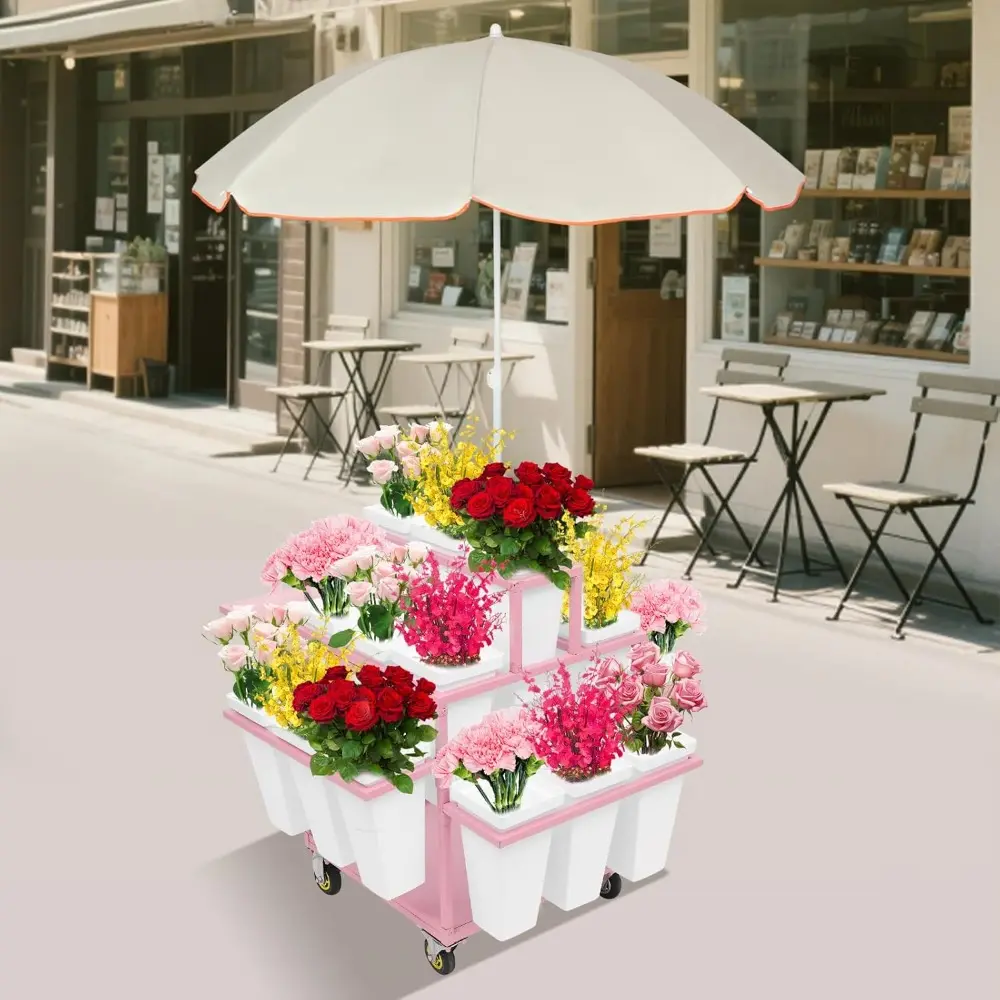 Flower Display Stand with 18 Buckets, Movable Commercial Flower Cart with Wheels and Umbrella, Rolling Floral Bouquet Shelf for