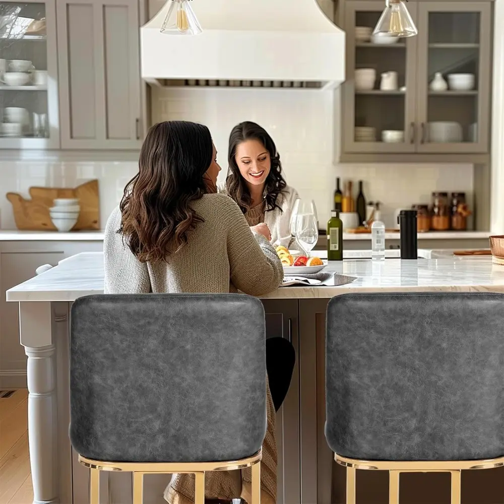 Sophia & William Counter Height Bar Stools Set of 3, Modern PU Leather Kitchen Island Stools,Gold Polished Bar Chairs,Grey & Gol