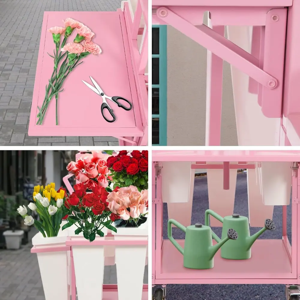 Flower Display Stand with 18 Buckets, Movable Commercial Flower Cart with Wheels and Umbrella, Rolling Floral Bouquet Shelf for