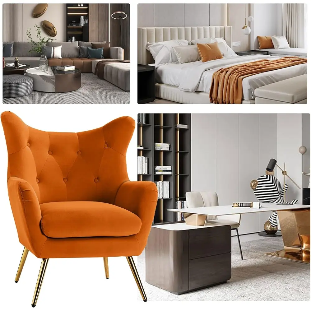 HULALA Home Velvet Accent Chair, Modern Wingback Arm Chair with Metal Gold Legs, Velvet Tufted Upholstered Single Sofa Chair for