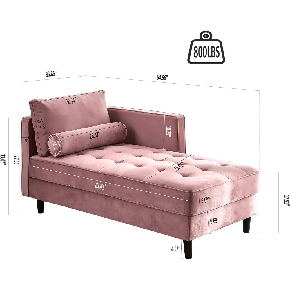 64'' Velvet Chaise Lounge Indoor, Modern Longue Chair Upholstered Chaise Longue with Support Pillow, Button Tufted Seat Cushion,
