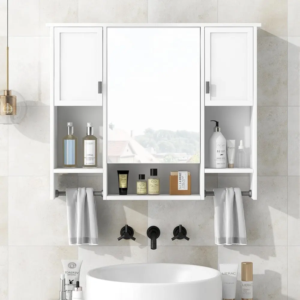 Bathroom Medicine Cabinet, Wall Mounted Bathroom Storage Cabinet with Mirror, Open Shelf, Side Cabinet and Towel Bar, Over The T