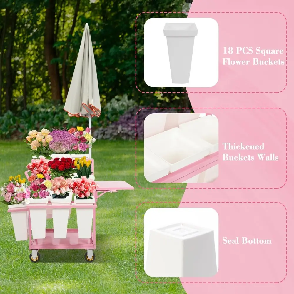 Flower Display Stand with 18 Buckets, Movable Commercial Flower Cart with Wheels and Umbrella, Rolling Floral Bouquet Shelf for