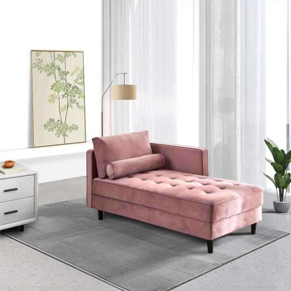 64'' Velvet Chaise Lounge Indoor, Modern Longue Chair Upholstered Chaise Longue with Support Pillow, Button Tufted Seat Cushion,