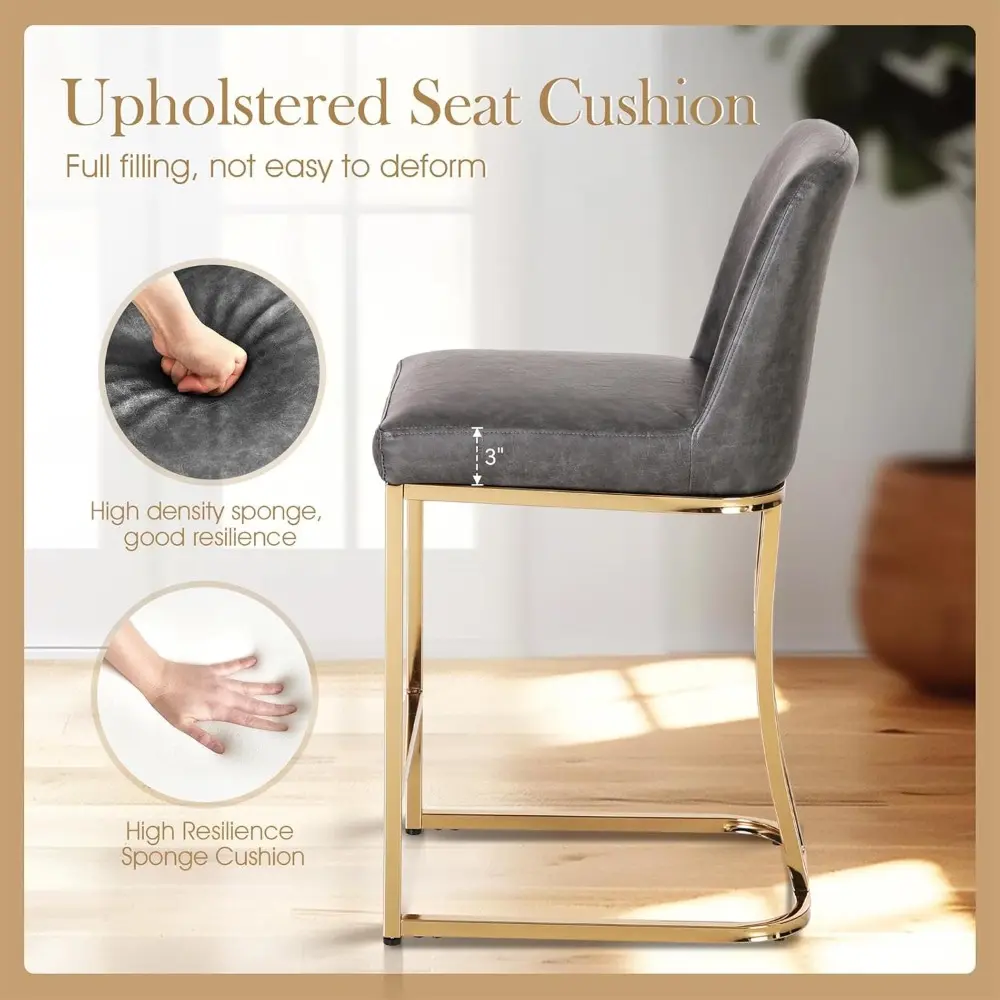 Sophia & William Counter Height Bar Stools Set of 3, Modern PU Leather Kitchen Island Stools,Gold Polished Bar Chairs,Grey & Gol