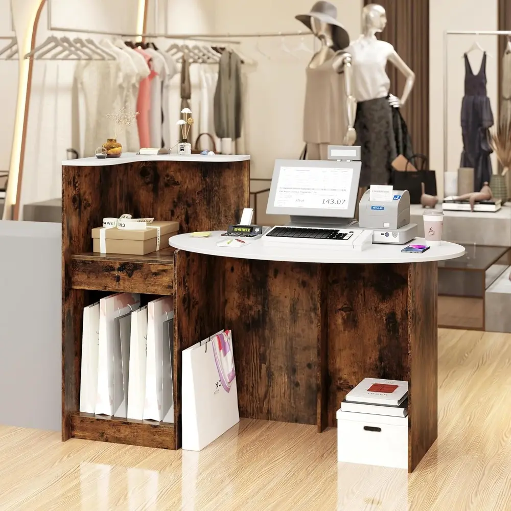 Reception Desk, Front Counter Desk with Lockable Drawer, Oval Tabletop & Adjustable Shelf, Retail Register Stand, Checkout Tabl