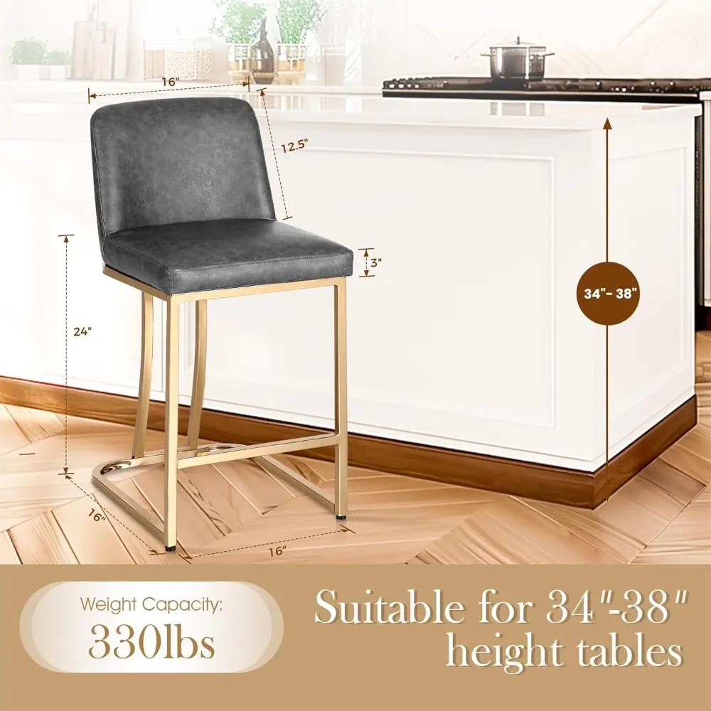 Sophia & William Counter Height Bar Stools Set of 3, Modern PU Leather Kitchen Island Stools,Gold Polished Bar Chairs,Grey & Gol