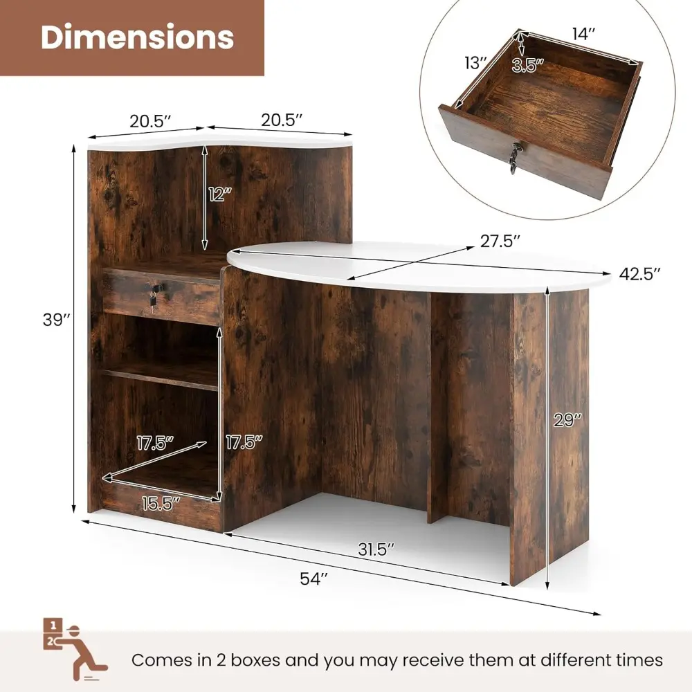 Reception Desk, Front Counter Desk with Lockable Drawer, Oval Tabletop & Adjustable Shelf, Retail Register Stand, Checkout Tabl