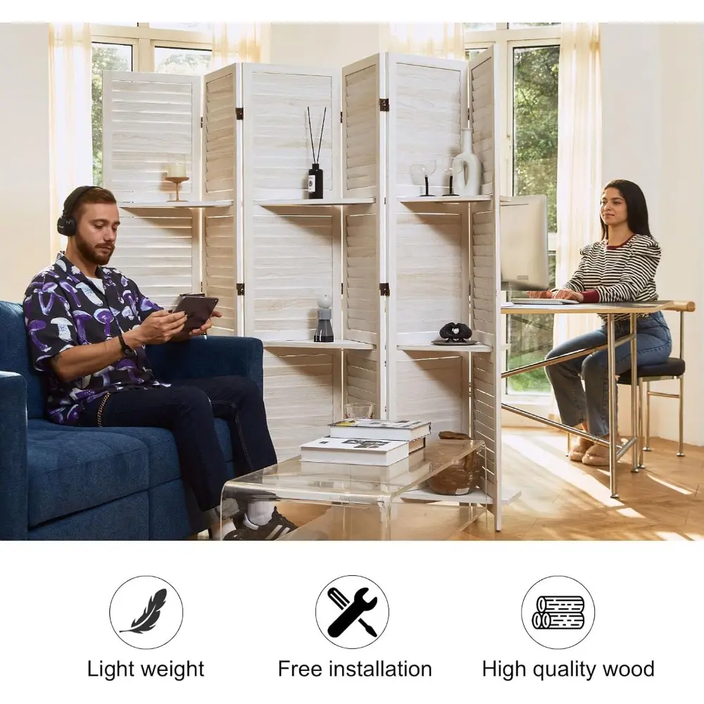 Room Divider with Shelves, 5.6 Ft Tall Folding Wood Screen with Double Hinges for Home Office Bedroom Hotel Decoration (6 Panels