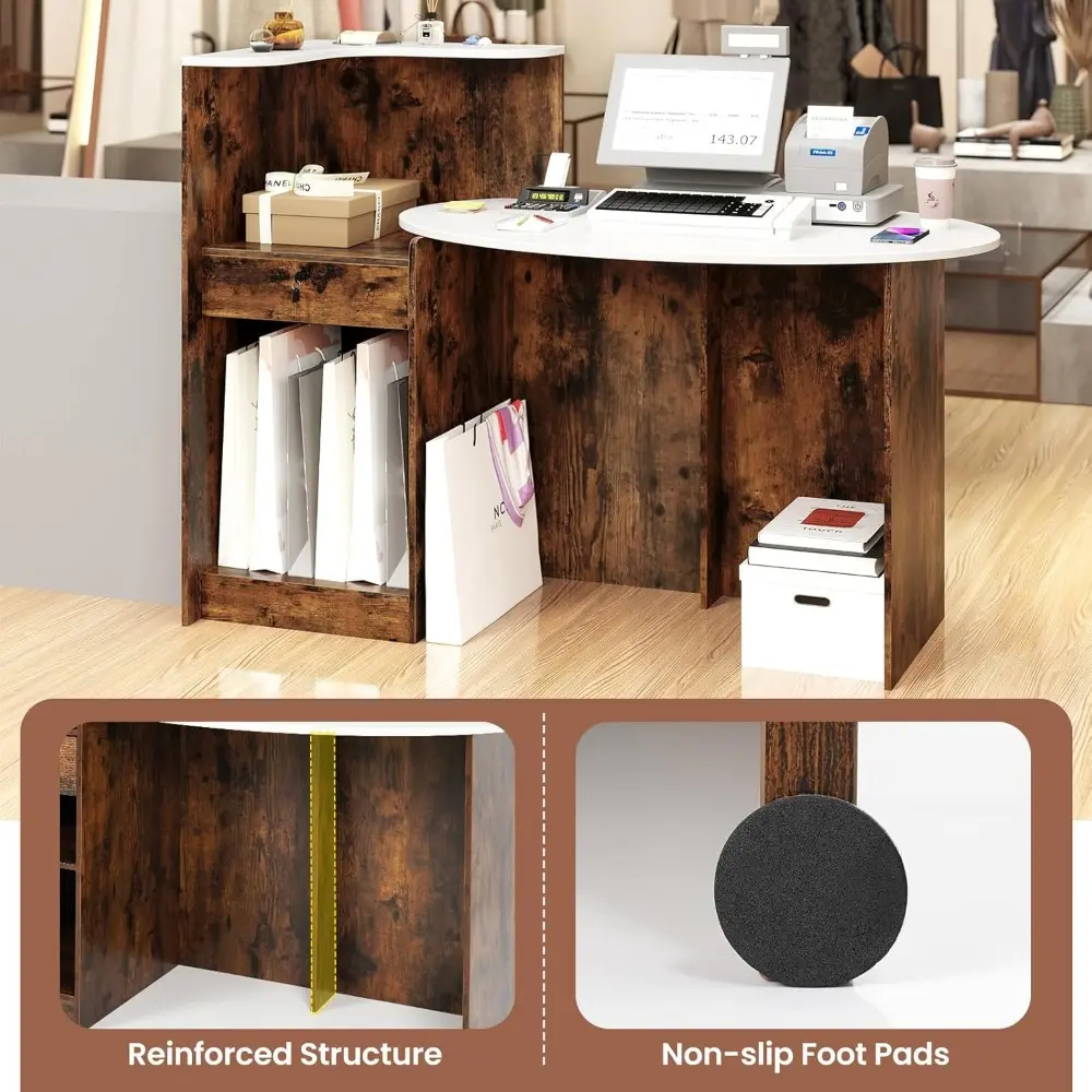 Reception Desk, Front Counter Desk with Lockable Drawer, Oval Tabletop & Adjustable Shelf, Retail Register Stand, Checkout Tabl