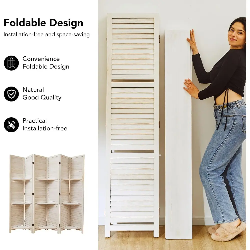 Room Divider with Shelves, 5.6 Ft Tall Folding Wood Screen with Double Hinges for Home Office Bedroom Hotel Decoration (6 Panels